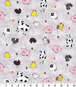 Farm Animals Gray Cotton Fabric