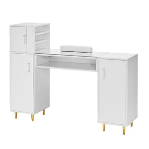 Manicure Table With Glass Top Nail Desk And Makeup Dressing Station, Storage Cabinets, Acetone Resistant Nail Tech Table For Beauty Salon And Spa Workstation, Eight Metal Legs, Wrist Rest, White Finish