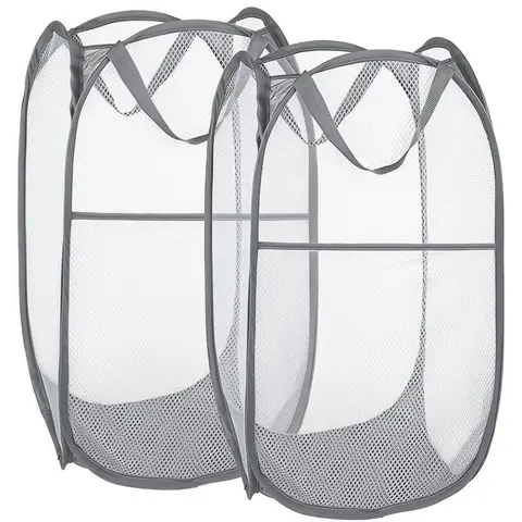 LMMAKE 2PCS Folding Laundry Hampers, Collapsible Mesh Baskets with Side Pockets, Sturdy Reinforced Handles for Home, Dorm Dirty Clothes Storage, Folding Laundry Basket