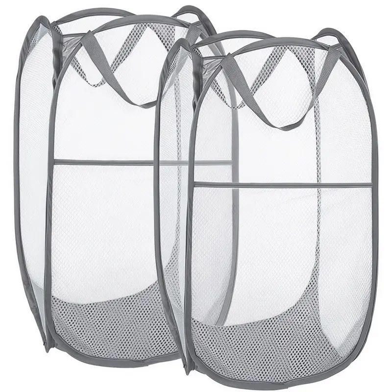 LMMAKE 2PCS Folding Laundry Hampers, Collapsible Mesh Baskets with Side Pockets, Sturdy Reinforced Handles for Home, Dorm Dirty Clothes Storage, Folding Laundry Basket