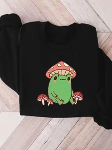 Women's Mushroom & Frog Print Drop Shoulder Sweatshirt, Casual Long Sleeve Round Neck Pullover for Fall & Winter, Ladies Clothes for Daily Wear