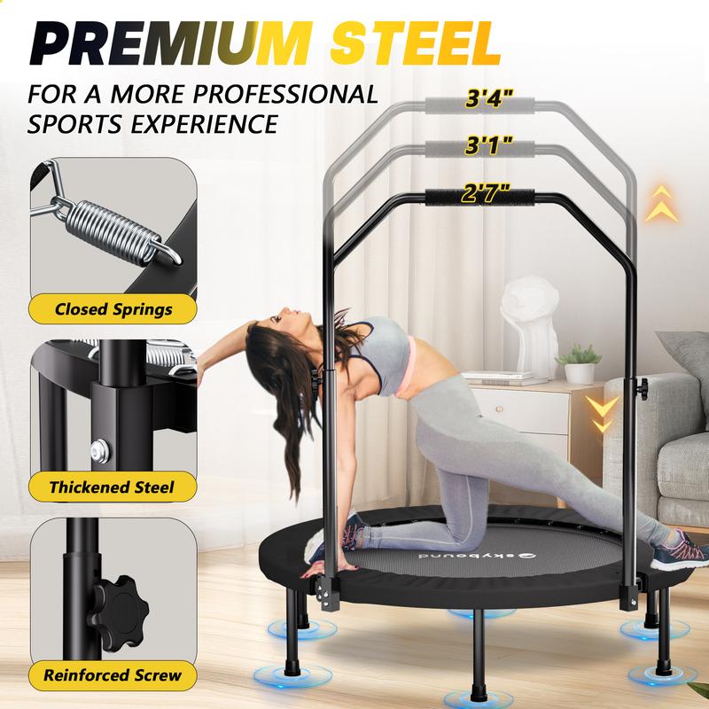 SkyBound 600 LBS Tested Foldable Mini Trampoline, 40'' Fitness Rebounder with Springs/Bungees, Adjustable U-Bar Handle, Stable Quiet Indoor/Outdoor Exercise Equipment