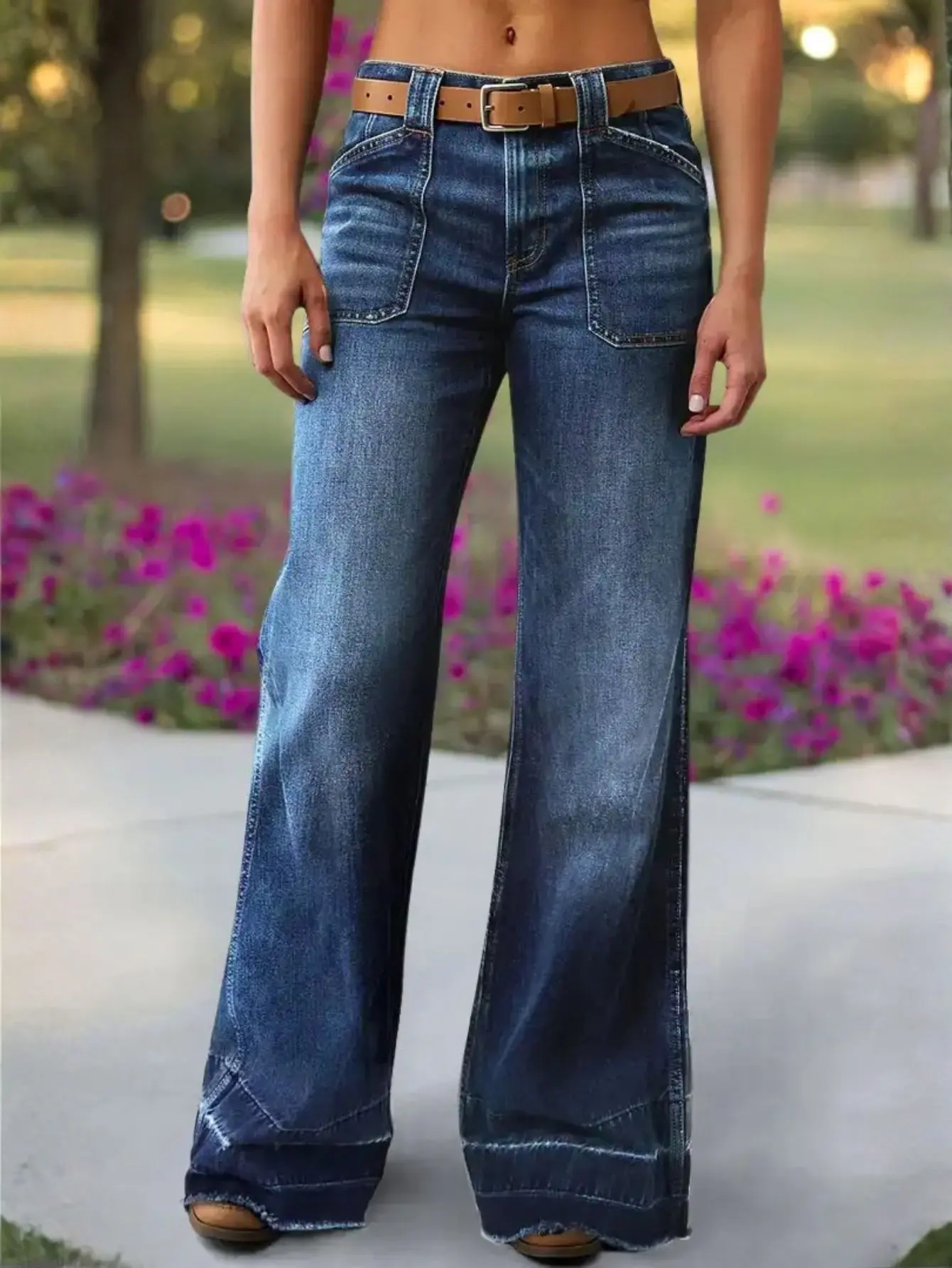 Wide Leg Jeans for Women, Relaxed Fit Blue Cotton Blend Denim with Front Patch Pockets, Casual Streetwear, Everyday, Bottoms, Basic, Comfortable