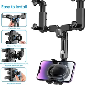 Rearview Mirror Multifunctional Car Phone Holder Mount 360° Rotatable Retractable for iPhone Samsung 4-7 Inch Phones Easy Install