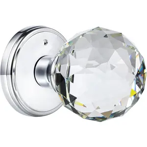 Glass Door Knobs Interior with Lock, Round Bathroom Bedroom Door Knobs (, Polished Chrome)