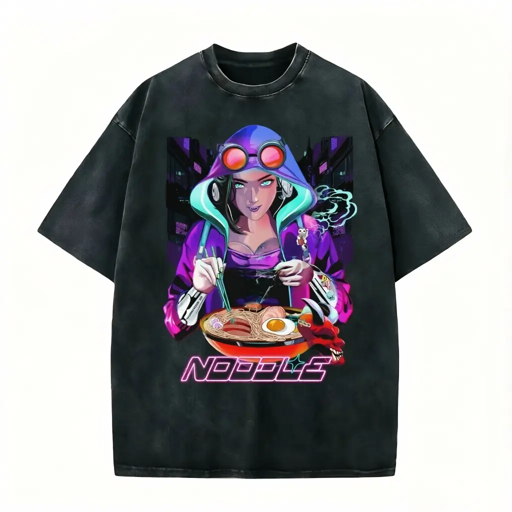 Cool Neon Noodle Hacker vintage tee. Hooded girl with goggles eating ramen in cyberpunk cityscape. Perfect for foodie & tech aesthetic lovers. Unique washed cotton—shop before it’s gone!