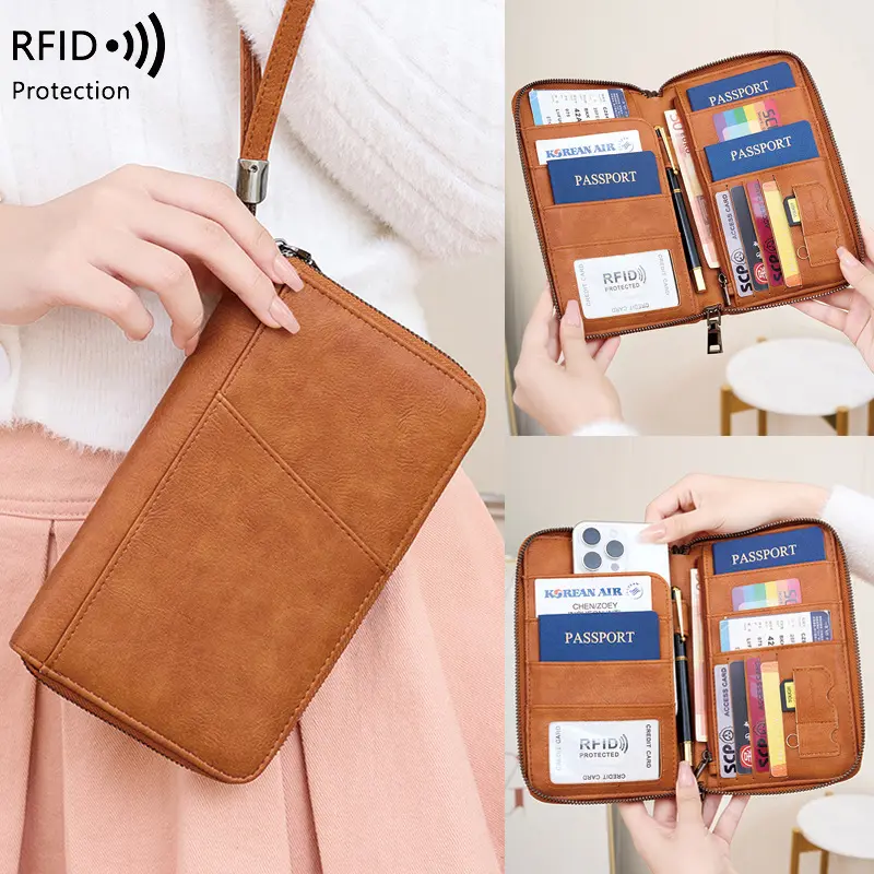 RFID Blocking Family Passport Holder,Multi-functional Zipper Travel Card Holder,Skin-Friendly Zipper Wallet,Detachable Wrist Strap,Waterproof Travel Document Organizer Passport Cover for Women Men,Travel Essentials