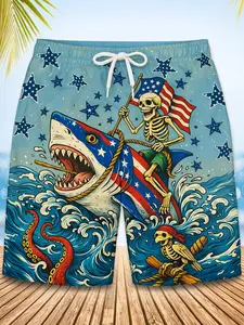 American Flag Skull Shark Riding Beach Shorts Men's Quick-Dry Breathable Swim Shorts
