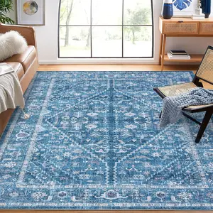 【GARVEE】8x10 Large Bedroom Rug for Living Room Traditional Oriental Print Stain Resistant Area Rug Non-Shedding Distressed Washable Non-Slip Indoor Floor Carpet for Office Kitchen, Blue