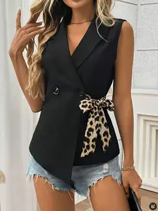 Leopard Print Belted Vest, Suit Collar Double Button Design, Slimming Commuter Casual Outerwear Top, Trendy Fashionable Jacket, Womenswear