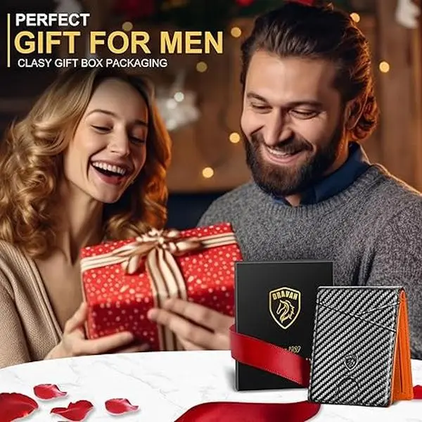 Slim Mens Wallet Front Pocket Wallet for Men with 11 Slots Minimalist Rfid Blocking Credit Card Holder Carbon Fiber Money Clip with Gift Box (Carbon Orange) leather wallet