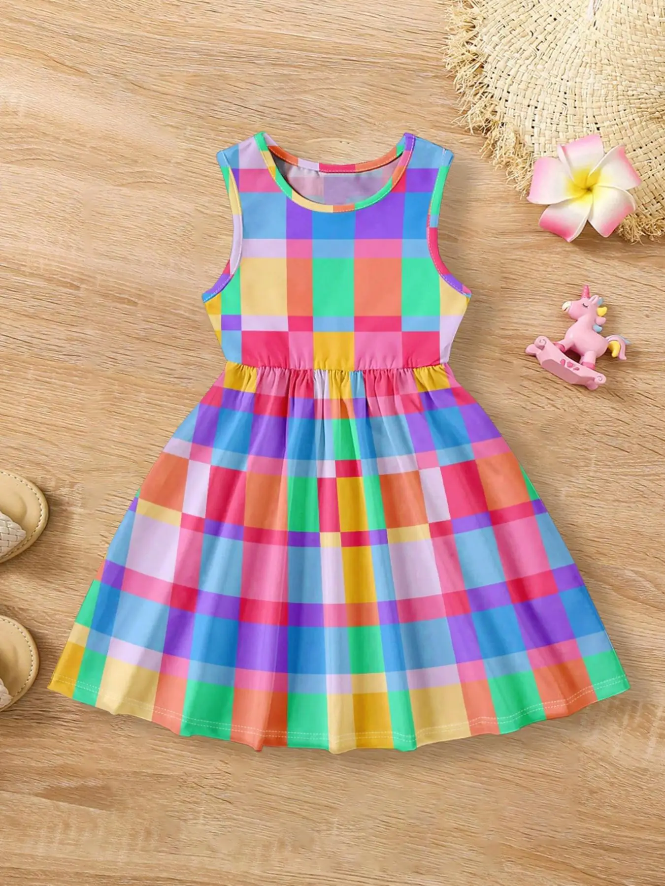 Toddler Girl's Plaid Print Tank Dress, Casual Sleeveless A Line Dress for Summer, Kids Clothes for Daily Wear