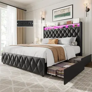 Queen Size Velvet Upholstered Bed, 4 Underbed Storage Drawers, USB Charging Station, LED Ambient Lights, Wooden Slat Support, No Box Spring Needed, Easy Assembly