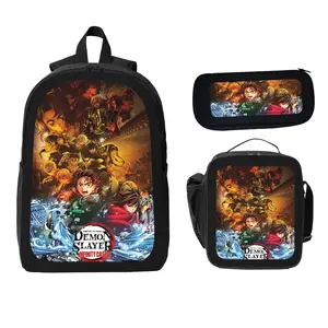 Demon Slayer Kimetsu no Yaiba Mugen Train Three-Piece Backpack Set Black Anime Print Pencil Case & Lunch Bag for Fans
