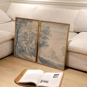 2pcs/set Isaac Classic Landscape Paintings, French Oil Painting, Blue Pen Ink Drawn, Vintage Countryside Style, Wall Art Decor