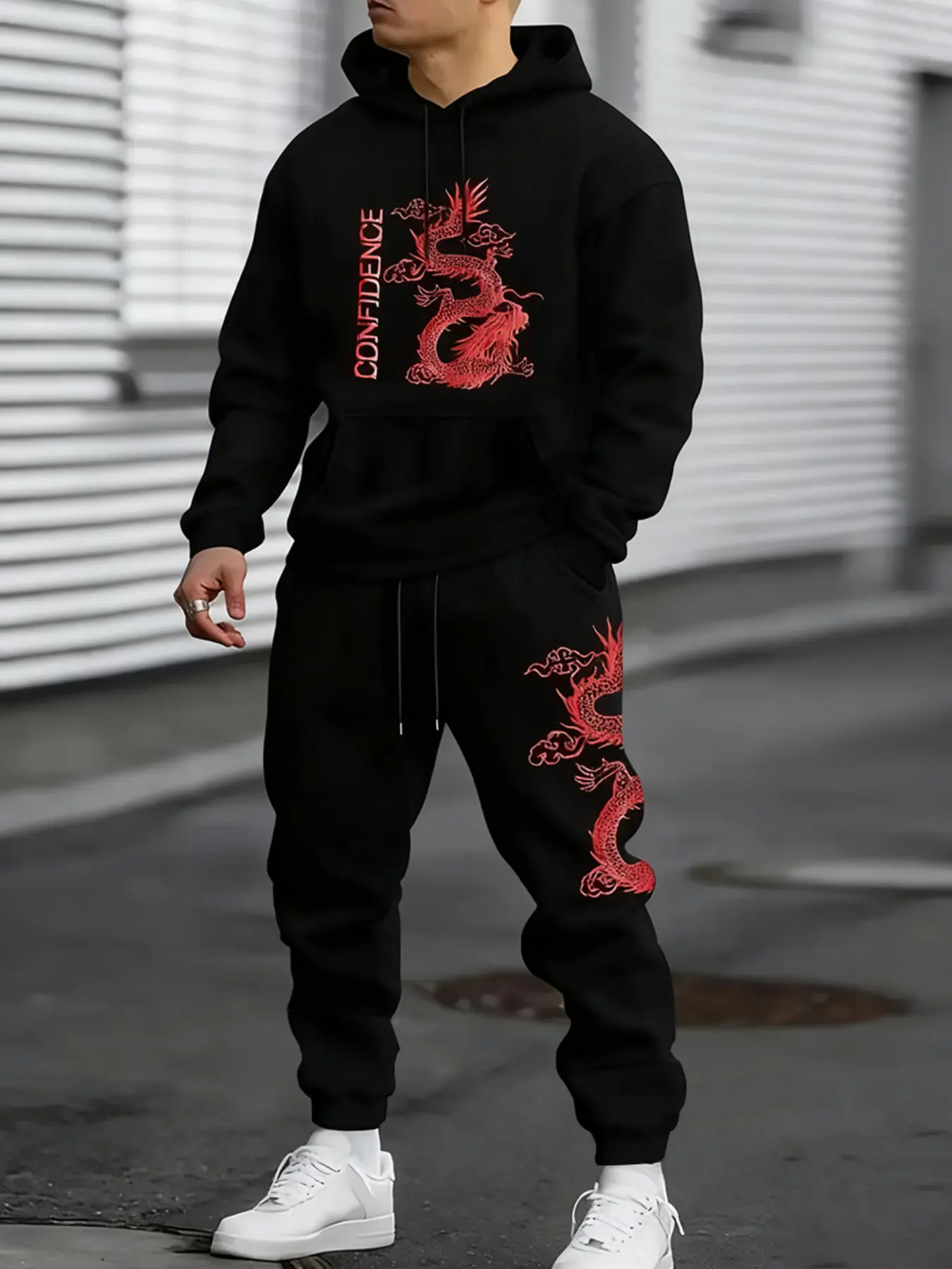 Men's Autumn Winter Dragon Pattern Hoodie Set, Casual Fitted Style, Cool Streetwear, Perfect for Fall & Winter