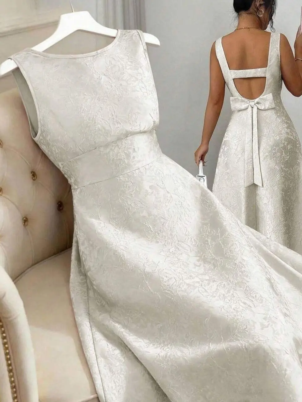 Women's Jacquard Backless Waist Cinched A-Line Mid-Length Dress,Dusty Pink,Summer,Elegant,Wedding Ninang,French Vintage Sleeveless Valentine's Day