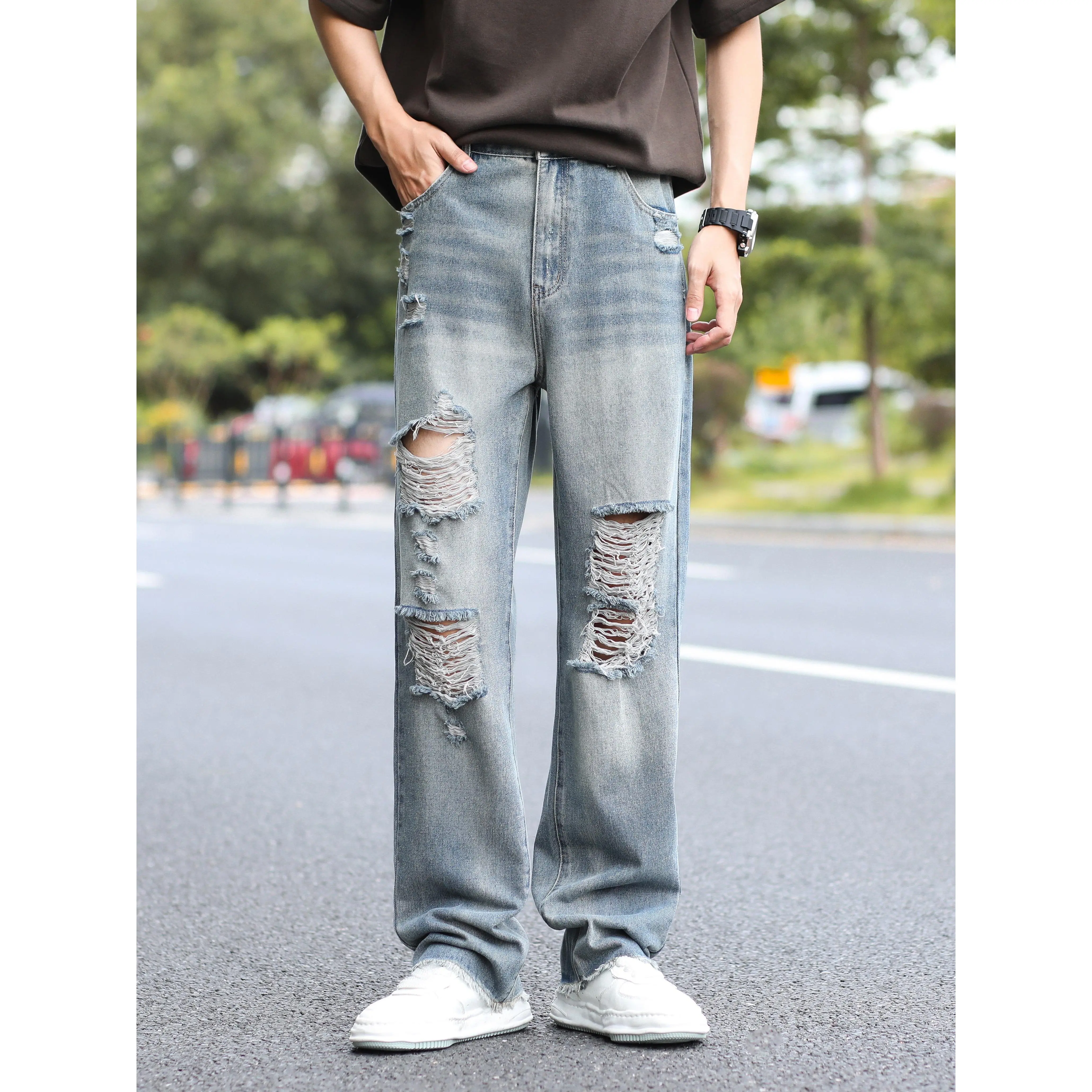 [Vintage Scratches Jeans Tassels] Men's Casual Jeans With Vintage Scratches, Holes, Tassels, High Street Loose Straight Leg Denim Pants