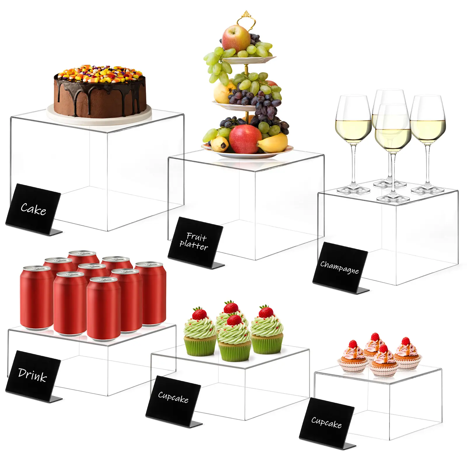 6-Piece Minimalist Transparent Acrylic Food Risers - Dessert Table Stands, Cupcake Holders, Multifunctional Organizer Racks (8in,7in,6in,5in,4in,3in) for Wedding Decoration, Buffet Table