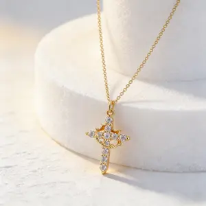 Upgraded Crown Cross Pendant Necklace - 14K Gold Plated Non-Tarnish Faith Jewelry, Christian Religious Valentine's Day Gifts for Women
