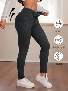 High-Waisted Elastic Waist Jeans, Sexy Slim-Fit Knitted Denim Jeans, Washed Design, All Seasons Wear, Pockets Included, Womenswear Bottom Pants