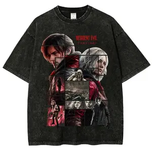 Vintage washed black oversized graphic tee, horror thriller movie collage print, classic red letter headline, retro grunge distressed style, loose unisex fit, trendy nostalgic streetwear for edgy casual daily outfits
