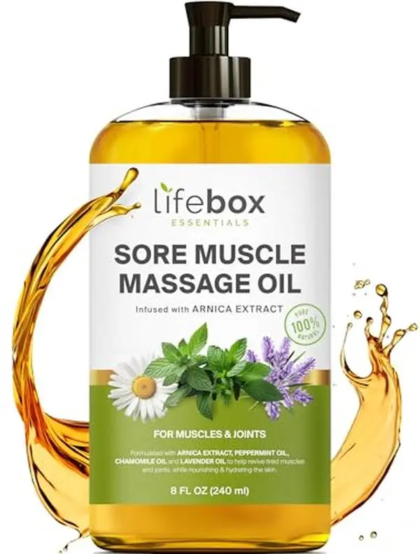 Arnica Sore Muscle Massage Oil – Pure & Natural - Massage Therapy for Muscles & Joints – Body Oil Infused with Arnica Extract, Lavender Oil, Peppermint Oil & Chamomile Oil – 8 FL OZ