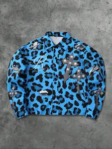 Men's Street Style American Cross Print Leopard Texture Jacket Coat, Unisex Design, Fashionable Outerwear for All Seasons