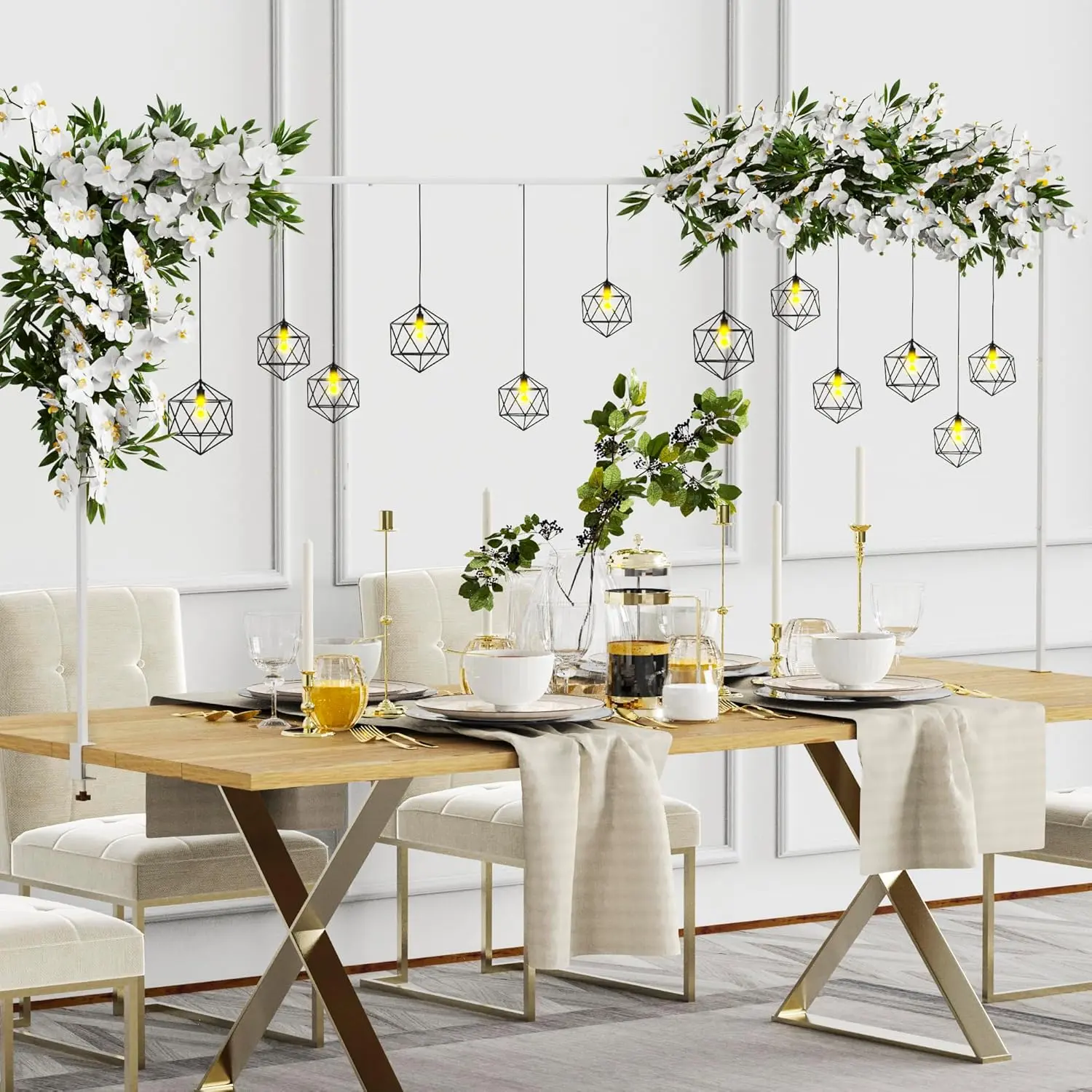Over The Table Rod Stand with Clamps White 13"-42'' Tall 29"-98" Length Adjustable Metal Table Arch Hanging Rod Stand for  Birthday Baby Shower Kids DIY Party Wedding Anniversary Christmas Decorations