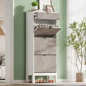 Modern Fluted Entryway Shoe Storage Cabinet, White & Grey Slim Shoe Organizer with 3 Flip Doors and 1 Drawer, Wooden Shoe Rack with Durable Iron Legs for Hallway Decor