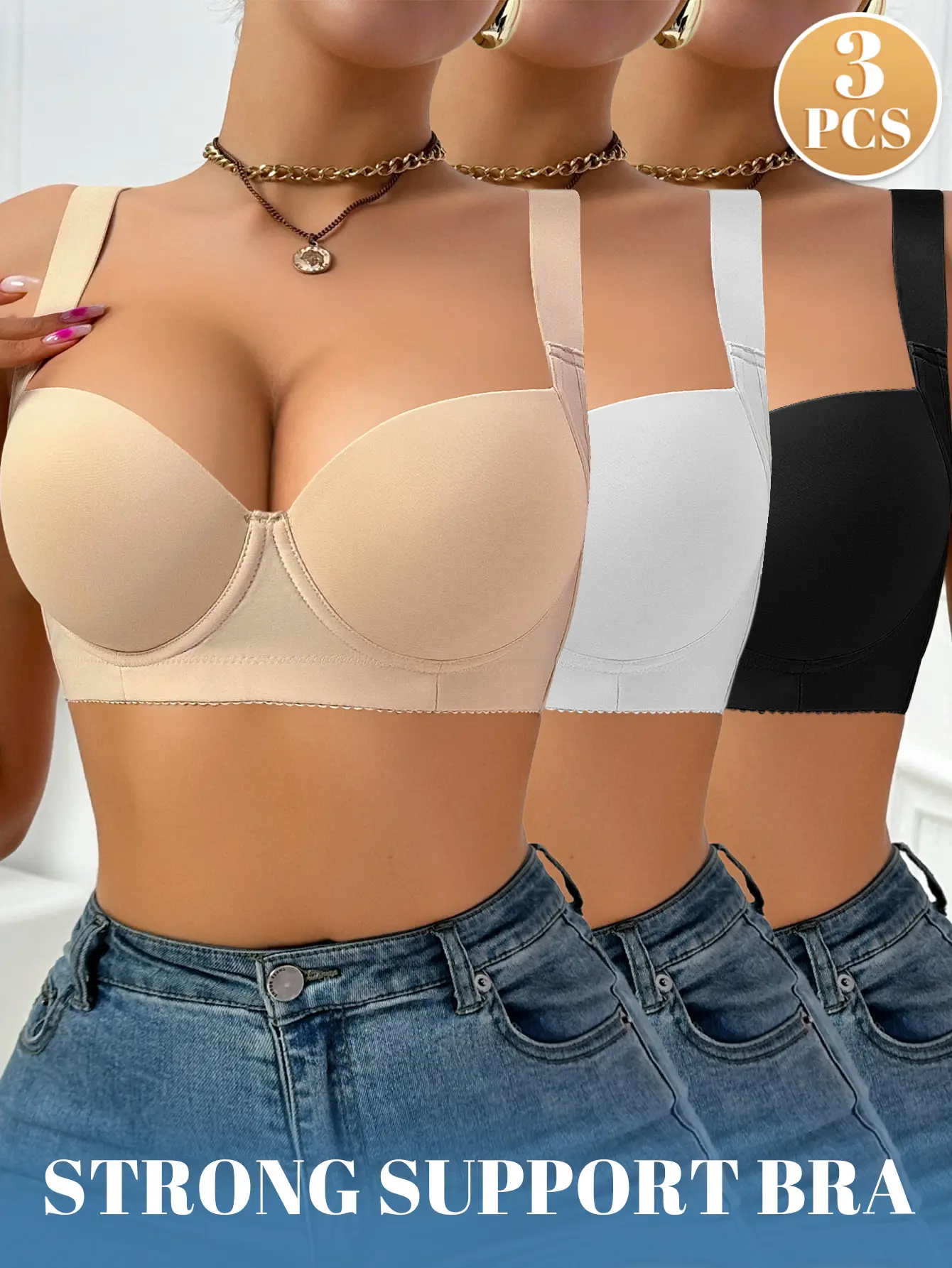 3PCS Women’s Seamless T-Shirt Push Up Lift Bra, Smoothing, Anti-Slip, Adjustable Wide Straps, Underwire Comfort Supportive Sports for Summer Outfits, SummerWins, DealsForYouDays