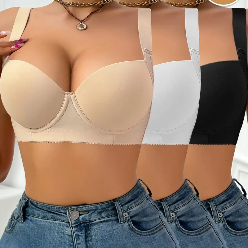 3PCS Women’s Minimalist Underwire Push Up Bra, Seamless Tshirt Bras, Smoothing Back, Anti-Slip, Anti-Sag, Adjustable Wide Straps, Basic Breathable Comfortable lingerie for Vacations Outfits, All Seasons, Daily Wear, newarrivals, Black Friday, Cyber Monday
