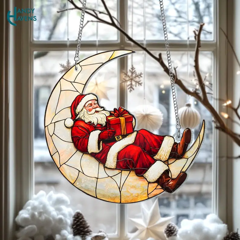 Christmas Santa Claus on the Moon Suncatcher Acrylic Window Hanging, Festive Xmas Ornament, Funny Halloween Decor, Christmas Holiday, Bookish Gift of Faith Wall Art