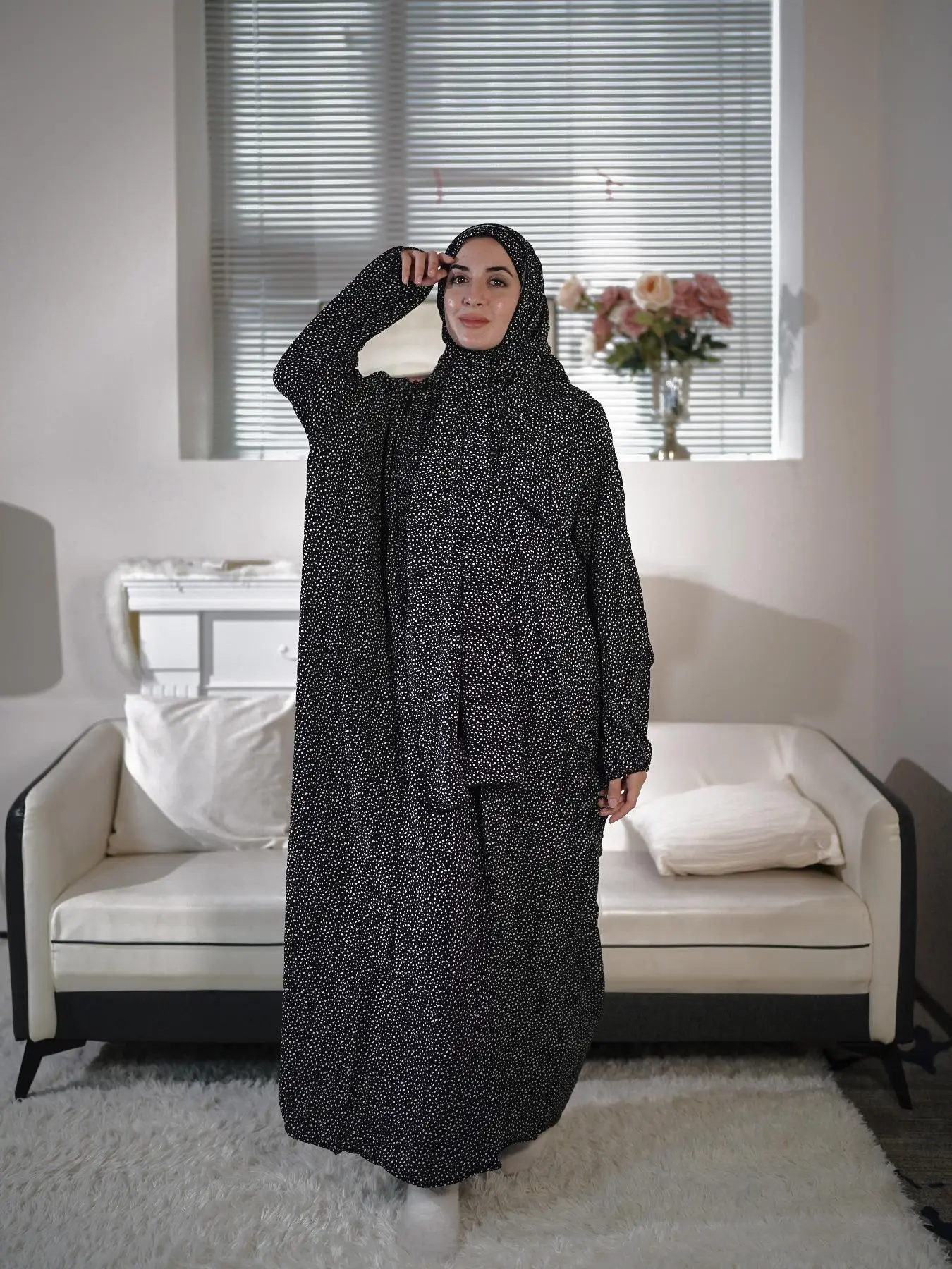 Women's Ditsy Floral Print Zipper Design Hooded Arabian Dress, Modest Bishop Sleeve Long Sleeve Maxi Muslim Dress, Muslim Clothing for Women