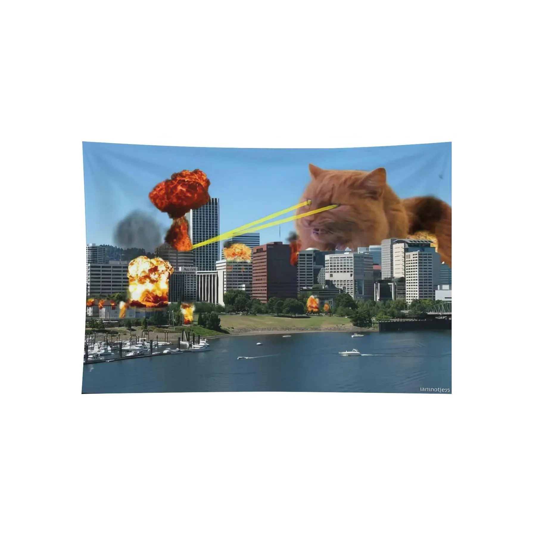 Giant Laser Eye Cat City Explosion Wall Tapestry, Funny Monster Meme Bedroom Gaming Room Decor