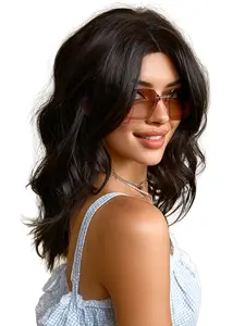Black wig Synthetic high-temperature resistant fibers Adjustable rose net cap Center-parted wavy curl wig Fine and smooth hair texture Comfortable and natural wearing Suitable for daily wear, as a gift for ladies, or for parties - 12 inches