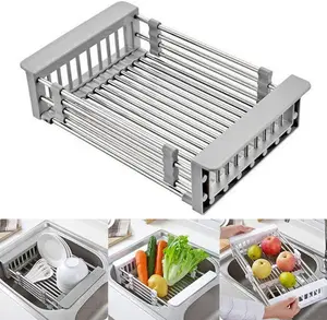 CARNAVAL Stainless Steel Kitchen Drying Rack, Retractable Drain Basket with Adjustable Armrest, over the Sink Dish Drying Rack MEIXIO