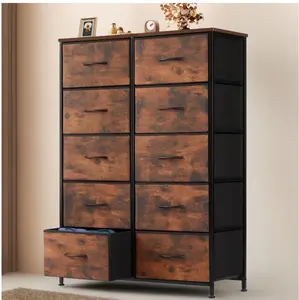 Dresser for Bedroom with 10 Drawers, Tall Chest Organizer with Fabric Bins, Freestanding Storage Cabinet, Rustic Brown