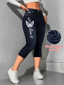 Women's Tight Fit Seven-Quarter Pants, Cropped, Faux Denim Print, Slim-Fitting Casual Leggings Bottoms, All Season Wear, Comfortable and Stylish
