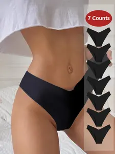 Women's 7-Pack Solid Color Underwear, V-Waist Comfortable Seamless Elastic Triangle Pants, Basic Everyday Casual Four Seasons Soft Comfy Breathable Fit Panties, Seamless Panties Set, Soft Fit Panty, Soft Knicker, Breathable Stretch Panties