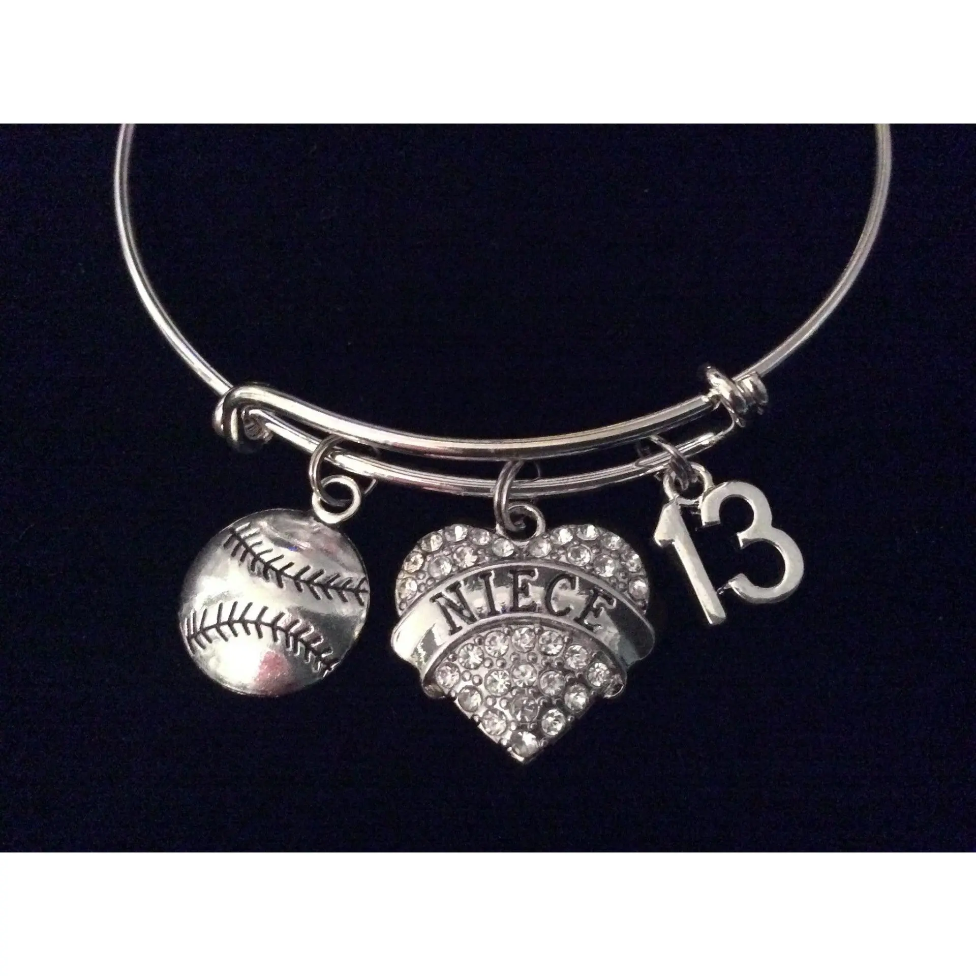 Softball Rhinestone Niece Heart Silver Expandable Charm Bracelet Adjustable Bangle Gift