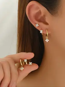 Three Pairs (six Pieces) Cute Four-Leaf Clover Gold Butterfly Earrings, Perfect for Daily Dates Parties, Women's Birthday Gift, Friend Gifts