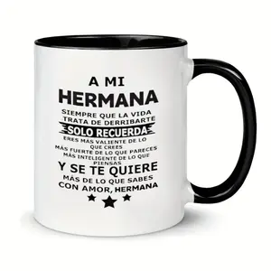 1pc 11oz Insulated Ceramic Travel Mug with "A Mi Hermana" Spanish Sister Quote - Reusable Coffee Cup for Hot & Cold Drinks, Dishwasher Safe, Durable Gift for Sister, All Seasons Use, Coffee Travel Mug, Playful Text Design