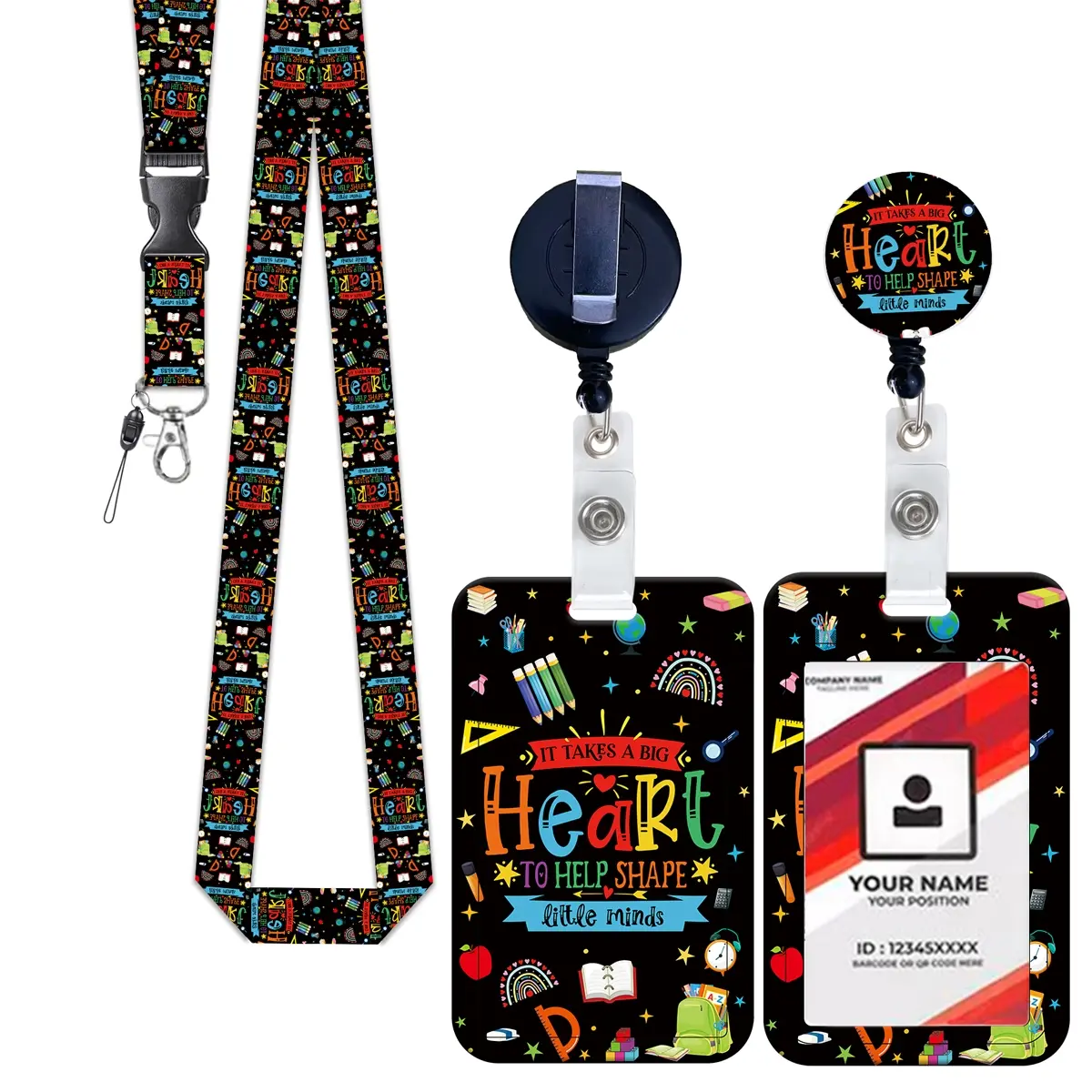Teacher ID Badge Holder Set, Id Holders For Badges, Card Case with Lanyard and Pull Tab, Name Tag Holder, Fun Work Label Badge Stand, Office Document Hanging Strap, Heart Badge Reel