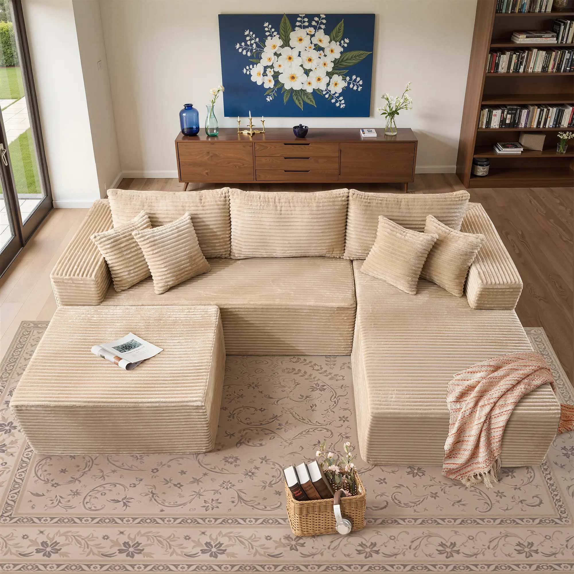 Beige Right Chaise With Ottoman