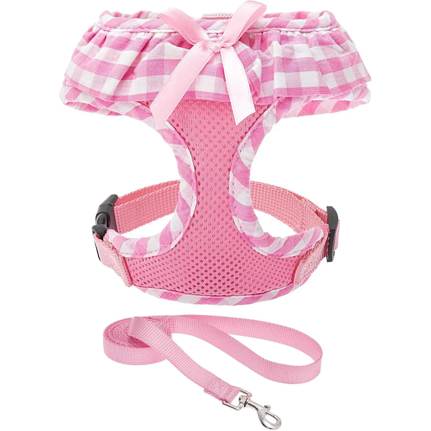Cute Dog Harness and Leash Set - Pink Girl Dog Harness Checkered Step-in Design, Easy Adjustable No-Choke Lightweight Breathable Vest for Puppy Small Dogs Cats Outdoor Walking, Small