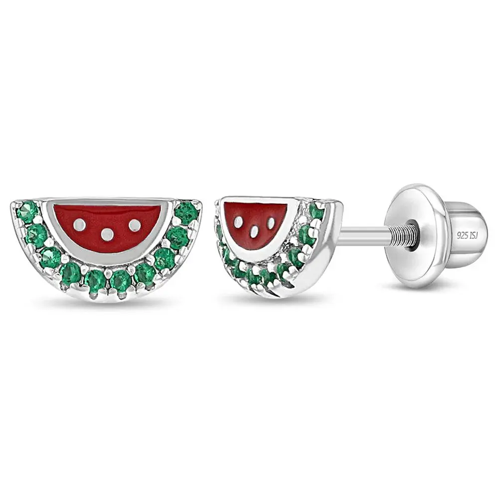 Watermelon Season Baby / Toddler / Kids Earrings Screw Back Enamel - Sterling Silver