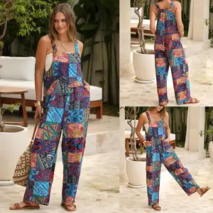 Mundoven Women's Patchwork Dual Pocket Jumpsuit Loose Floral Print Bohemian Wide Leg Bib Overall