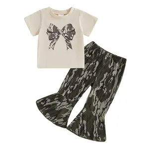 Toddler Baby Girl Hunting Camo Outfits Short Sleeve Bow T-shirt Camouflage Flared Pants Set Bow Bell Bottom Outfit