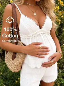 MaterniRIO Maternity Vacation Solid Color Ruffle Hem Camisole & Shorts 2 Pieces Set Summer White 2 Pieces Summer Holiday Outfits